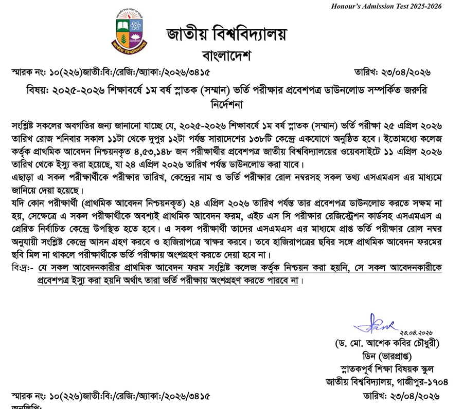 NU Admit Card New Notice
